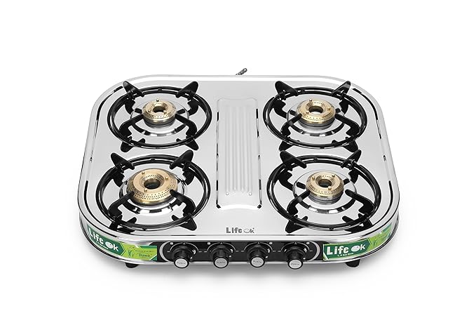 Life Ok Vista 4-Burner Gas Stove with Stainless Steel Body – Manual Ignition, High-Efficiency Brass Burners, and Heat Resistant Knobs (Model-LOK-402, Size-L-50.8,B-58.42,H-10.16Cm)