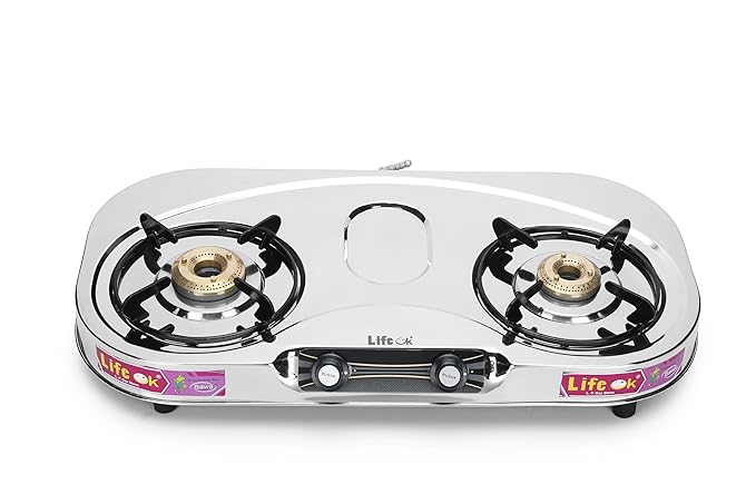 LIFE OK VISTA Gas stove 2 Brass Burner Stainless Steel, Manual Ignition (Model-LOK-208, Size- L-35.56,B-66.04,H-8.89 CM) Brand: LIFE OK