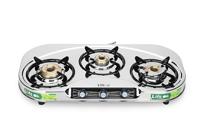 Life Ok Vista 3-Burner Gas Stove with Stainless Steel Body – Manual Ignition, High-Efficiency Brass Burners, and Heat Resistant Knobs (Model-LOK-302, Size- L-36.83,B-72.39,H-8.89 CM) Brand: LIFE OK