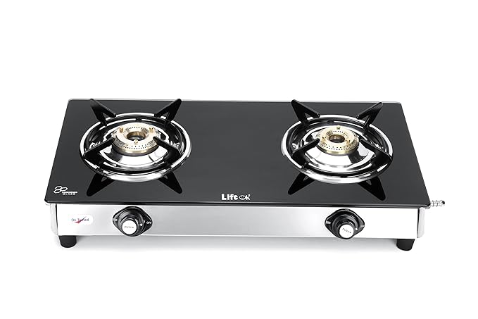 LIFE OK Premium 2-Burner Gas Stove with Toughened Glass Top and Stainless Steel Body – High-Efficiency Brass Burners, Manual Ignition(Model-Lifeok Nano Black Size- L-27.94,B-57.15,H-10.16 CM)