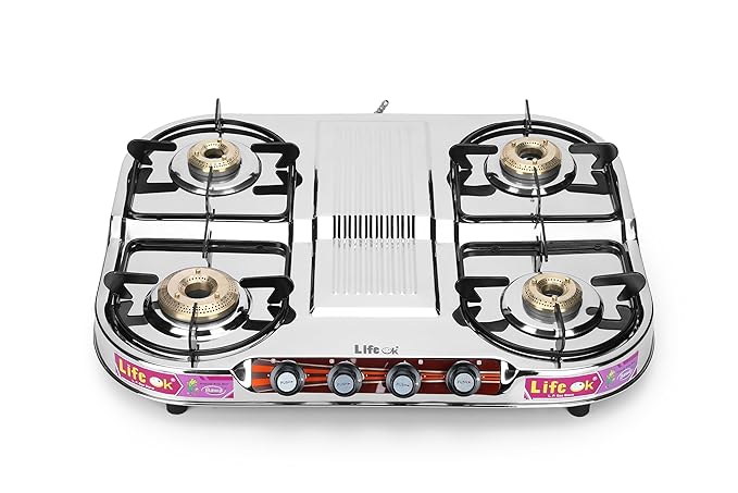 LIFE OK Gold 4-Burner Gas Stove with Stainless Steel Body – Manual Ignition, High-Efficiency Brass Burners, and Heat Resistant Knobs (Model-LOK-403, Size-L-50.8,B-64.77, H-10.16 CM)