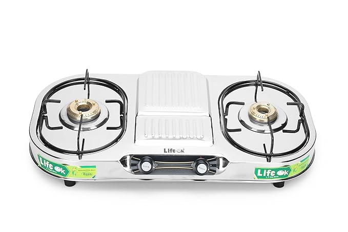 LIFE OK Stainless Steel Brass Burner Gas Stove, Manual Ignition, Silver (Model-Lifeok Gold-LOK-209, Size-L-35.56,B-66.04,H-8.63 CM)