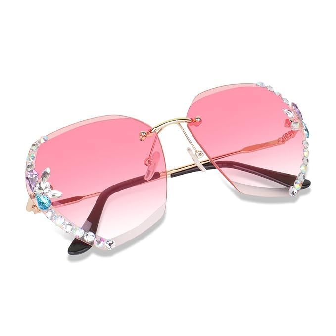 Emonex UV Protective Sunglasses Women Stylish Glasses Rimless Diamond Cutting Lens with Stone All color only women sunglasses (Pink Gold)